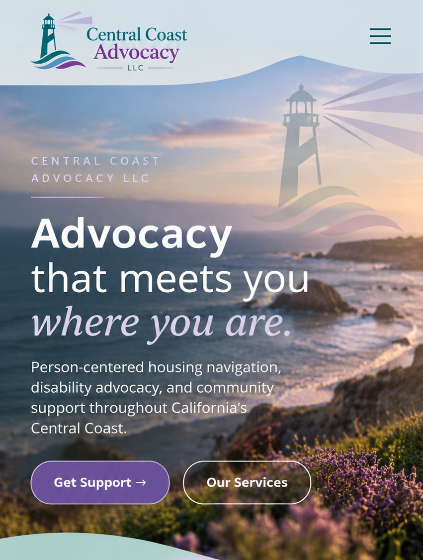 Central Coast Advocacy LLC — Advocacy that meets you where you are. Coastal sunset and lighthouse brand artwork.